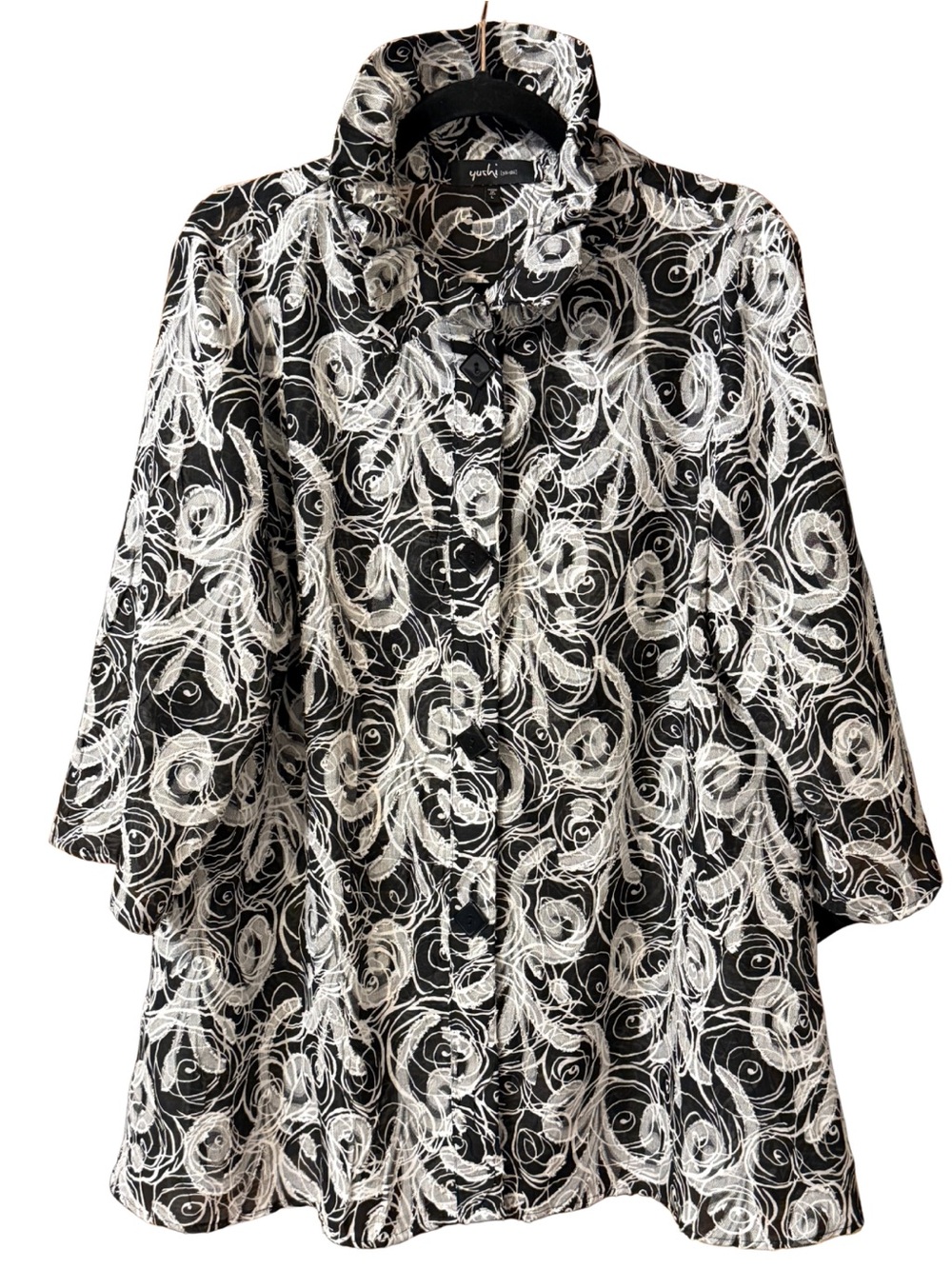 Yushi Black & White Floral Swing Jacket Size L Made in USA Artsy Statement Coat